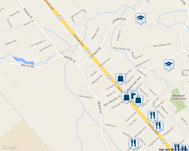 map of restaurants, bars, coffee shops, grocery stores, and more near 8 Alta Rd in Albany