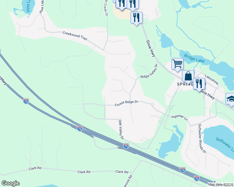map of restaurants, bars, coffee shops, grocery stores, and more near 9865 Kingston Ridge in Clarkston