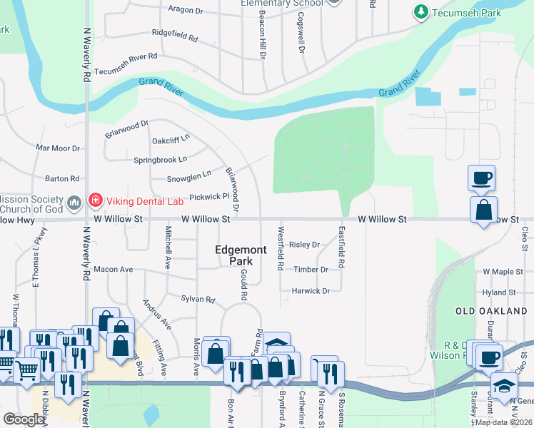 map of restaurants, bars, coffee shops, grocery stores, and more near 3110 West Willow Street in Lansing