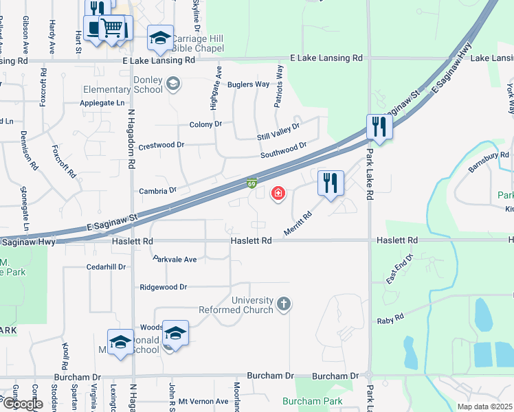 map of restaurants, bars, coffee shops, grocery stores, and more near 1254 Deer Path Lane in East Lansing
