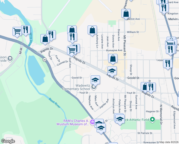 map of restaurants, bars, coffee shops, grocery stores, and more near 2132 Neptune Circle in Racine