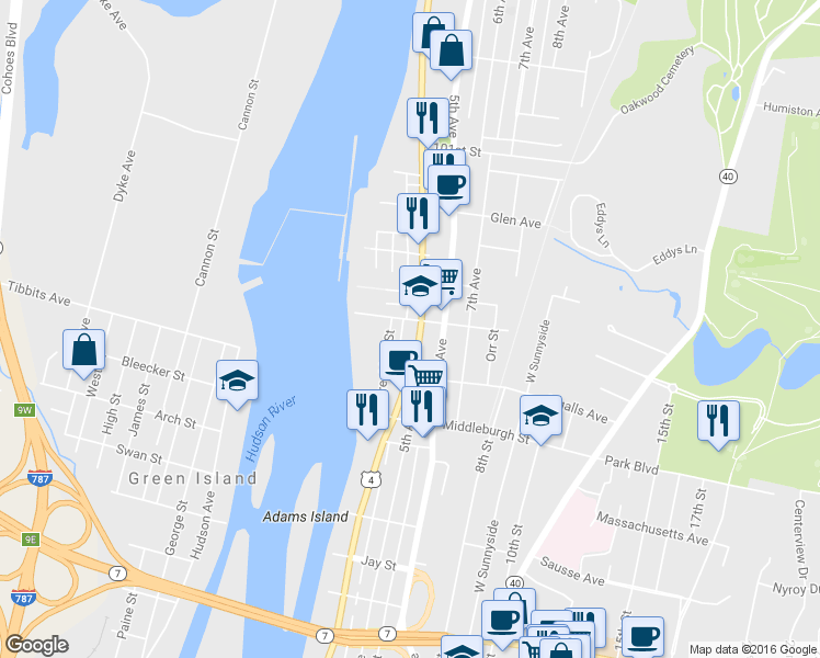map of restaurants, bars, coffee shops, grocery stores, and more near 767 River Street in Troy