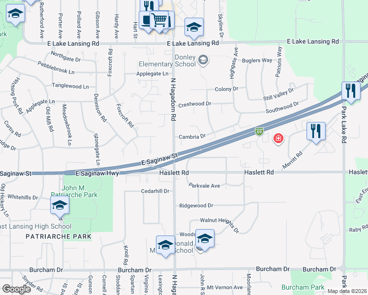 map of restaurants, bars, coffee shops, grocery stores, and more near 1340 Compton Court in East Lansing