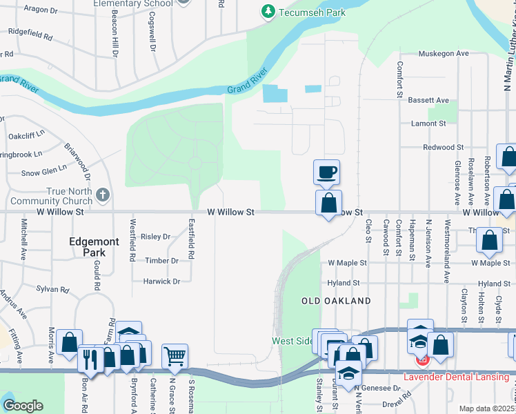 map of restaurants, bars, coffee shops, grocery stores, and more near 2334 West Willow Street in Lansing