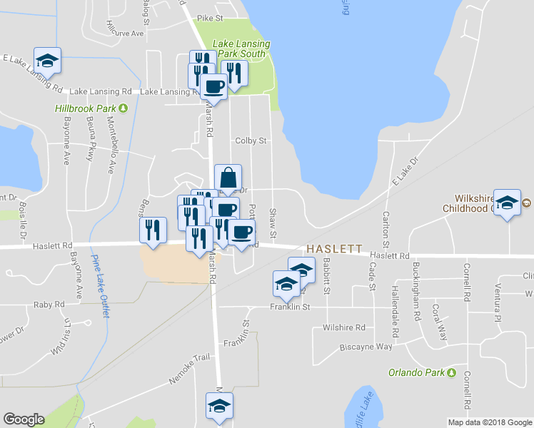 map of restaurants, bars, coffee shops, grocery stores, and more near 5699 Shaw Street in Meridian charter Township