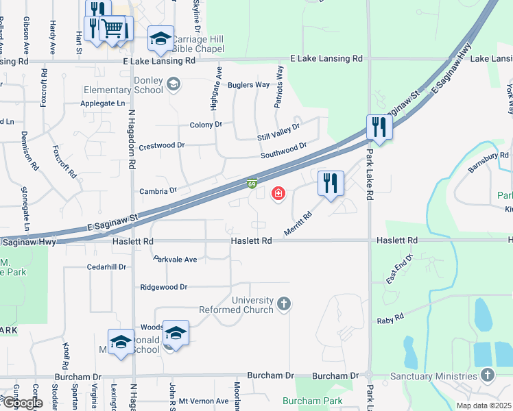 map of restaurants, bars, coffee shops, grocery stores, and more near 1256 Deer Path Lane in East Lansing