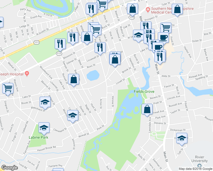 map of restaurants, bars, coffee shops, grocery stores, and more near 207 Pine Street in Nashua