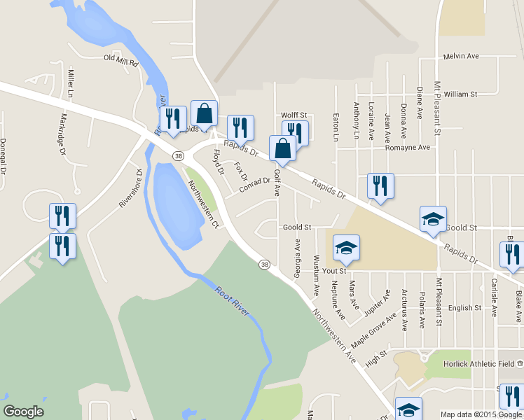 map of restaurants, bars, coffee shops, grocery stores, and more near 3131 Barbara Dr in Racine