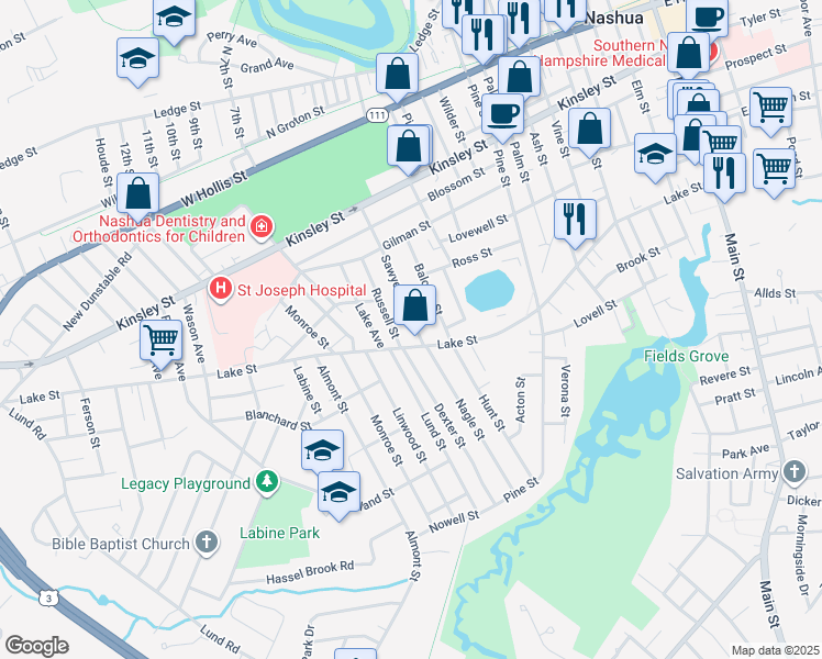map of restaurants, bars, coffee shops, grocery stores, and more near 67 Sawyer Street in Nashua