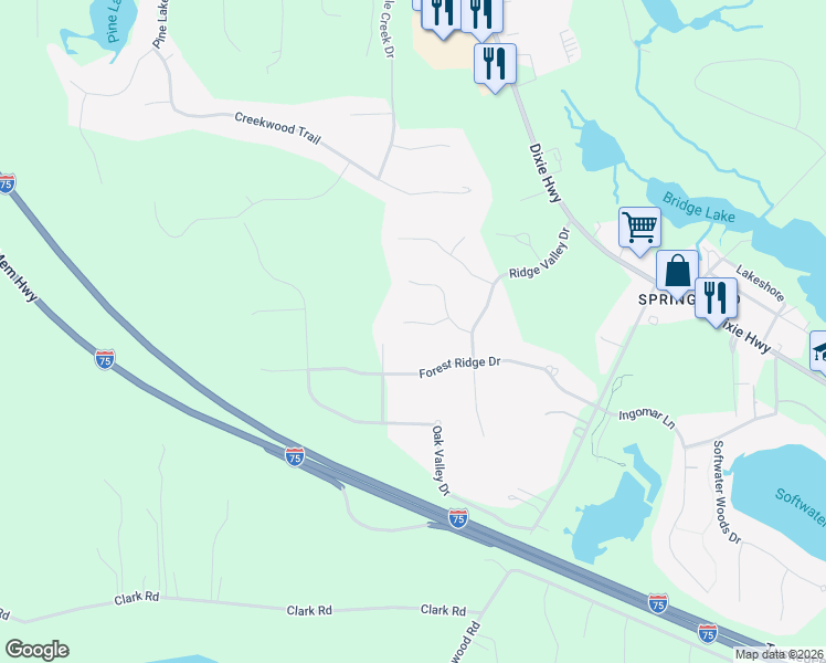 map of restaurants, bars, coffee shops, grocery stores, and more near 9865 Kingston Ridge in Clarkston