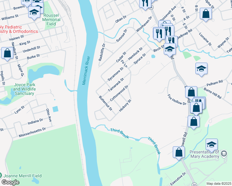 map of restaurants, bars, coffee shops, grocery stores, and more near 17 Cottonwood Drive in Hudson