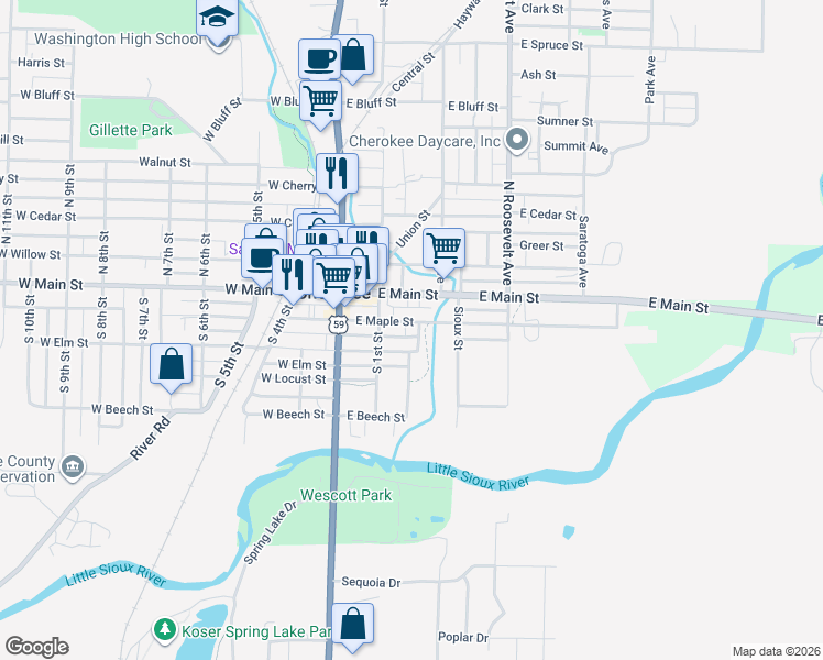 map of restaurants, bars, coffee shops, grocery stores, and more near 217 East Maple Street in Cherokee