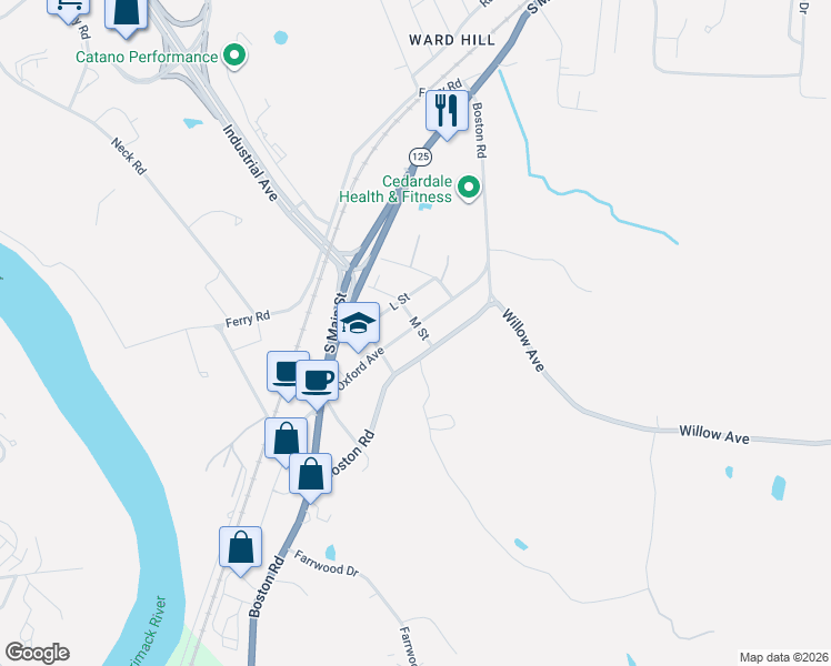 map of restaurants, bars, coffee shops, grocery stores, and more near 58 Oxford Avenue in Haverhill