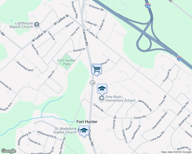 map of restaurants, bars, coffee shops, grocery stores, and more near 3403 Carman Road in Schenectady