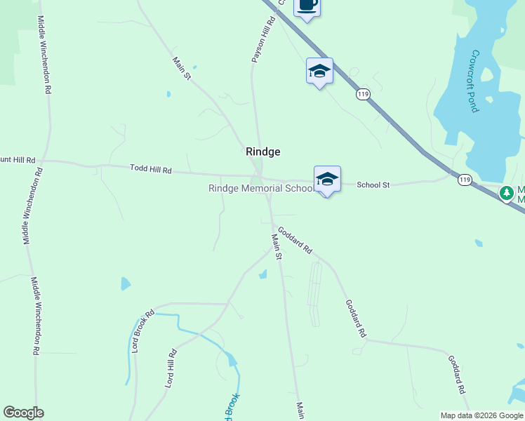 map of restaurants, bars, coffee shops, grocery stores, and more near 202 Main Street in Rindge