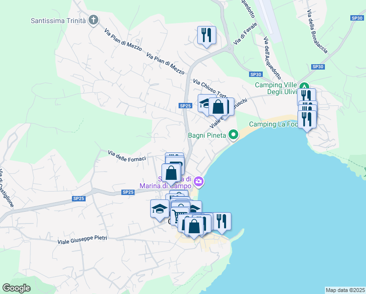 map of restaurants, bars, coffee shops, grocery stores, and more near 265 Via per Portoferraio in Marina di Campo