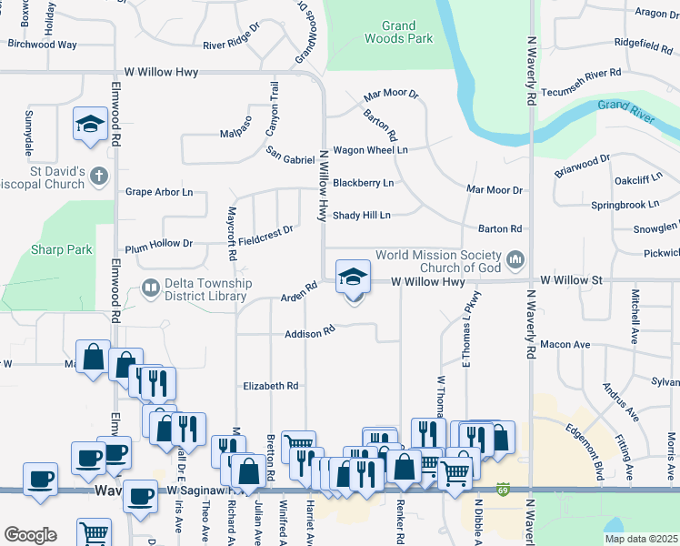 map of restaurants, bars, coffee shops, grocery stores, and more near 4416 West Willow Highway in Lansing
