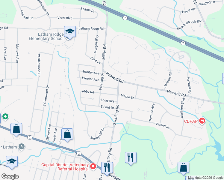 map of restaurants, bars, coffee shops, grocery stores, and more near 6 Lawrence Avenue in Latham