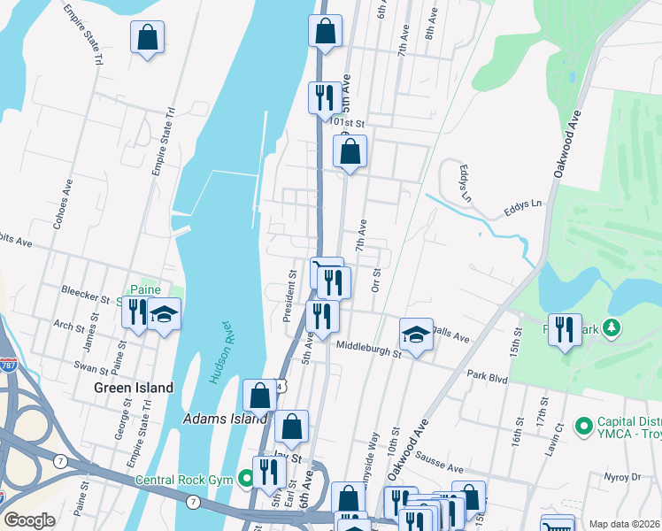 map of restaurants, bars, coffee shops, grocery stores, and more near 3074 6th Avenue in Troy