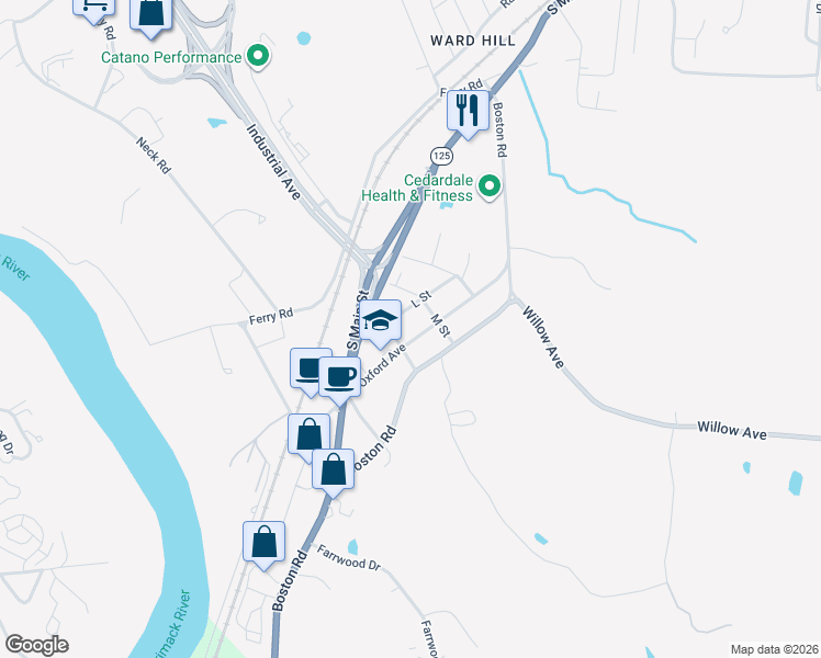 map of restaurants, bars, coffee shops, grocery stores, and more near 27 S Street in Haverhill