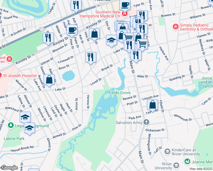 map of restaurants, bars, coffee shops, grocery stores, and more near 21 Lovell Street in Nashua