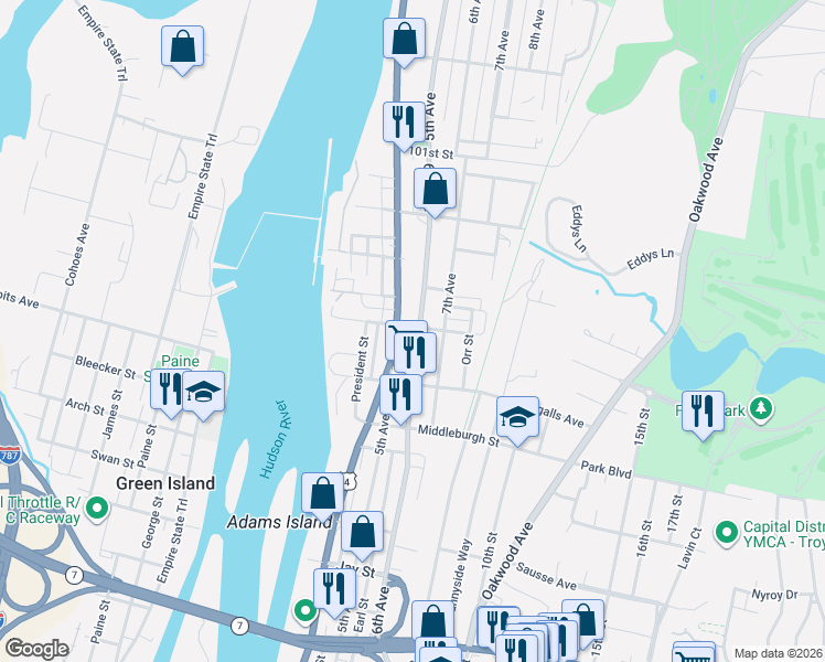 map of restaurants, bars, coffee shops, grocery stores, and more near 3074 6th Avenue in Troy