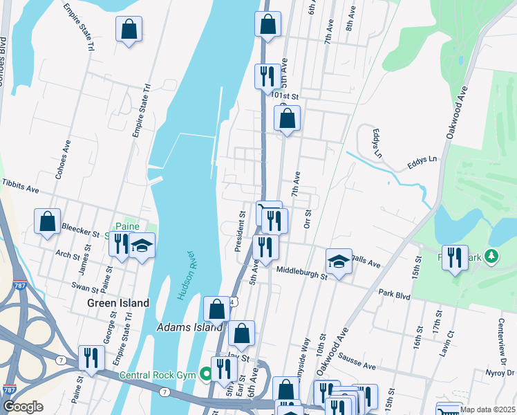 map of restaurants, bars, coffee shops, grocery stores, and more near 767 River Street in Troy
