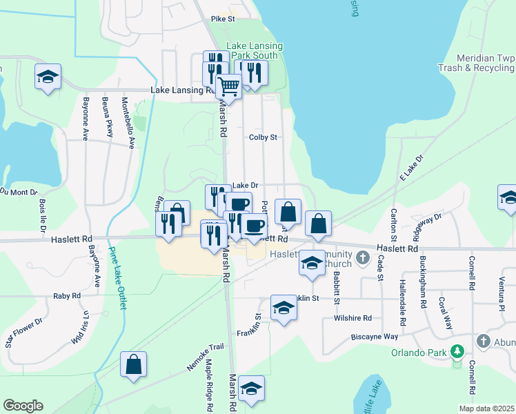 map of restaurants, bars, coffee shops, grocery stores, and more near 5705 Potter Street in Meridian charter Township