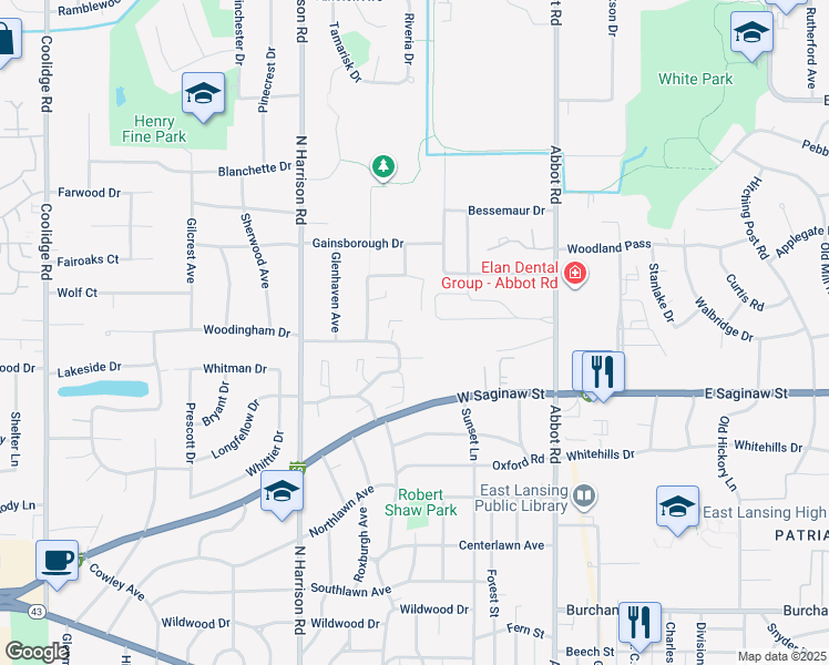 map of restaurants, bars, coffee shops, grocery stores, and more near 500 Woodingham Drive in East Lansing