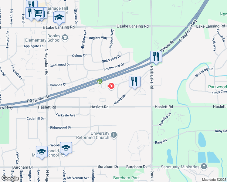 map of restaurants, bars, coffee shops, grocery stores, and more near 1451 East Lansing Drive in East Lansing