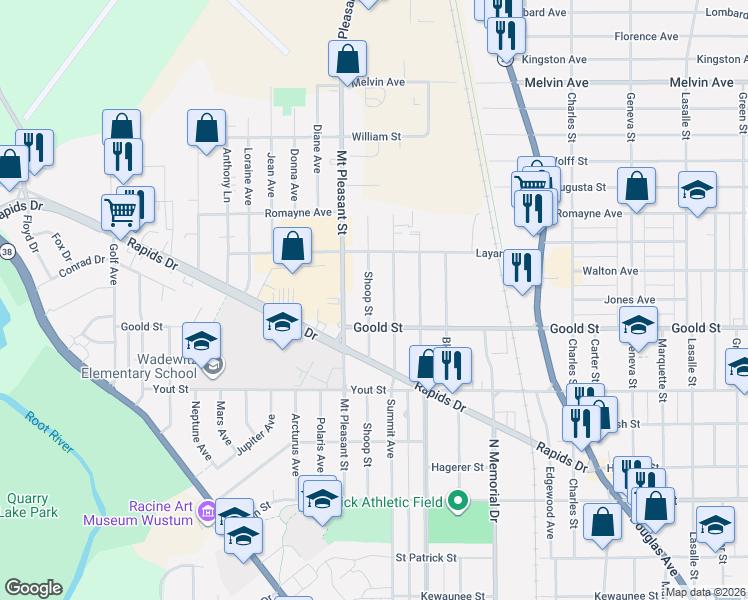 map of restaurants, bars, coffee shops, grocery stores, and more near 2127 Shoop Street in Racine