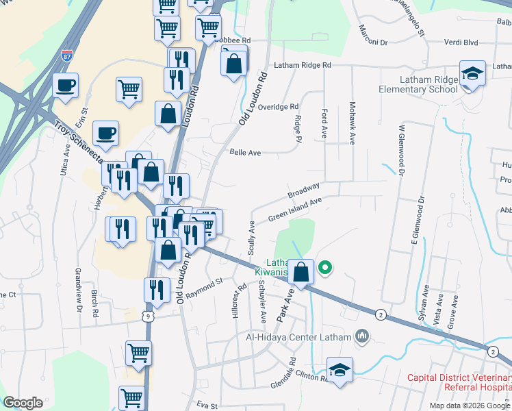 map of restaurants, bars, coffee shops, grocery stores, and more near 4 Broadway in Latham