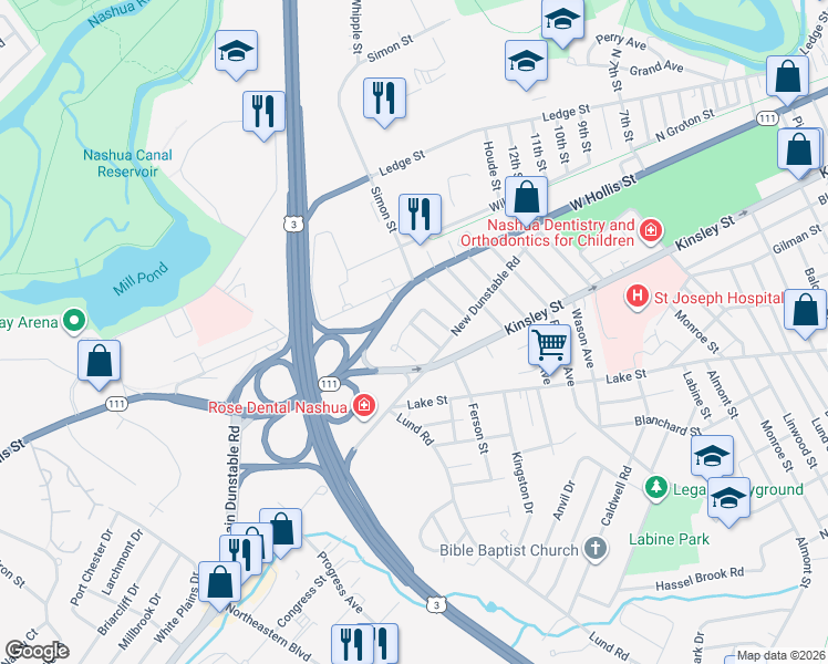 map of restaurants, bars, coffee shops, grocery stores, and more near 10 Dale Street in Nashua