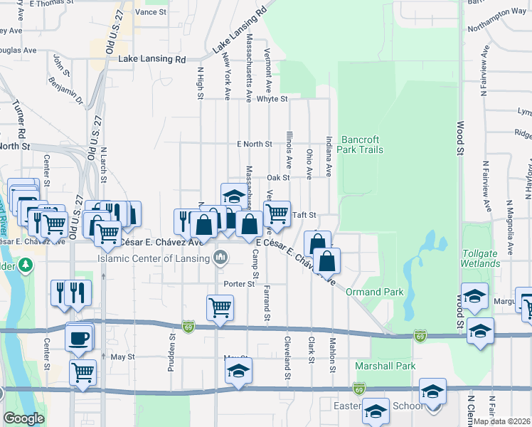 map of restaurants, bars, coffee shops, grocery stores, and more near 1301 Vermont Avenue in Lansing