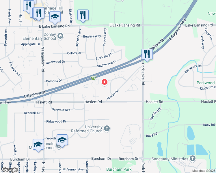 map of restaurants, bars, coffee shops, grocery stores, and more near 1451 East Lansing Drive in East Lansing
