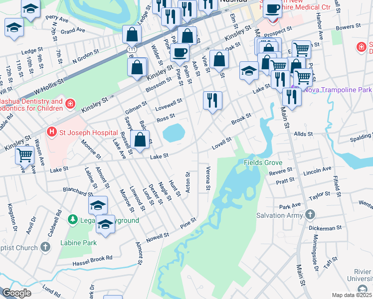 map of restaurants, bars, coffee shops, grocery stores, and more near 76 Lake St in Nashua