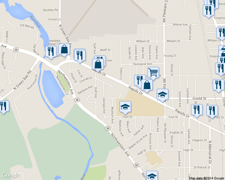 map of restaurants, bars, coffee shops, grocery stores, and more near 2209 Savoy Circle in Racine