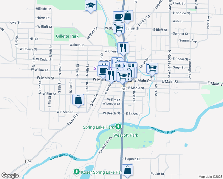 map of restaurants, bars, coffee shops, grocery stores, and more near 237 West Maple Street in Cherokee
