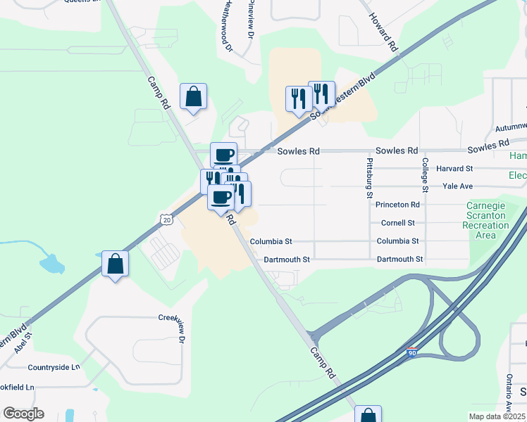 map of restaurants, bars, coffee shops, grocery stores, and more near 3603 Princeton Road in Hamburg
