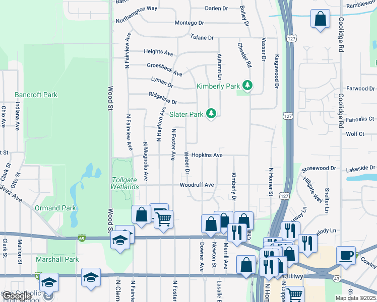map of restaurants, bars, coffee shops, grocery stores, and more near 2515 Hopkins Avenue in Lansing