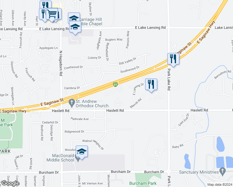 map of restaurants, bars, coffee shops, grocery stores, and more near 1262 Deer Path Lane in East Lansing