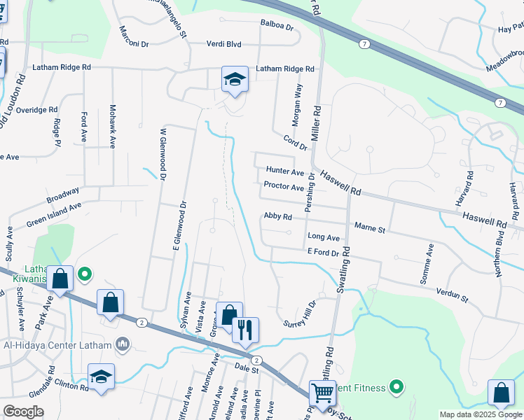 map of restaurants, bars, coffee shops, grocery stores, and more near 19 Abby Road in Latham