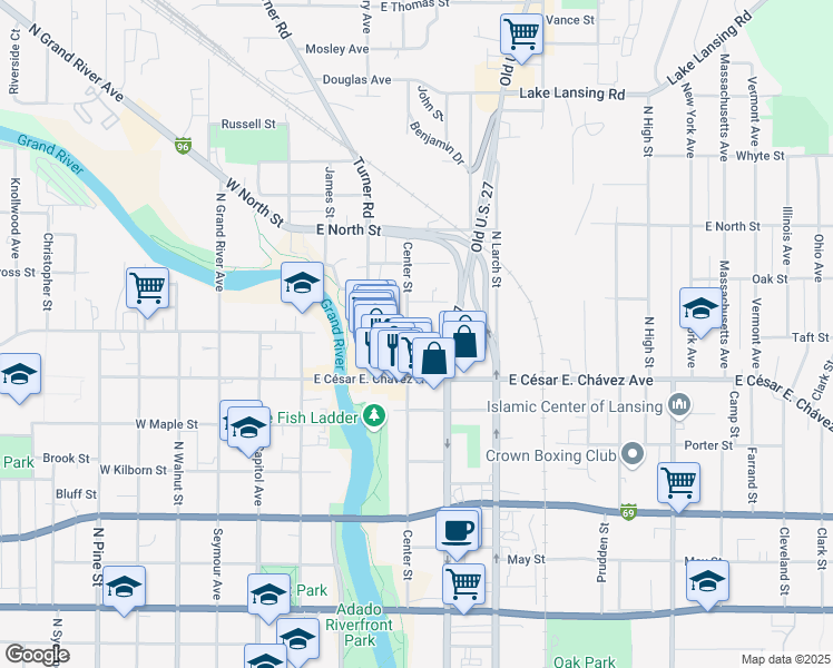 map of restaurants, bars, coffee shops, grocery stores, and more near 1300 Center Street in Lansing