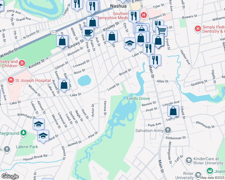map of restaurants, bars, coffee shops, grocery stores, and more near 49 Lovell Street in Nashua
