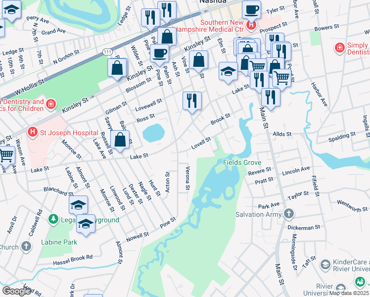 map of restaurants, bars, coffee shops, grocery stores, and more near 44 Lovell Street in Nashua