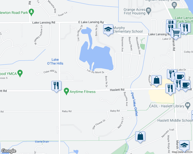 map of restaurants, bars, coffee shops, grocery stores, and more near 1953 Lac Du Mont Drive in Meridian charter Township