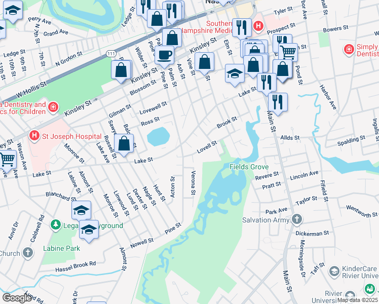 map of restaurants, bars, coffee shops, grocery stores, and more near 44 Lovell Street in Nashua
