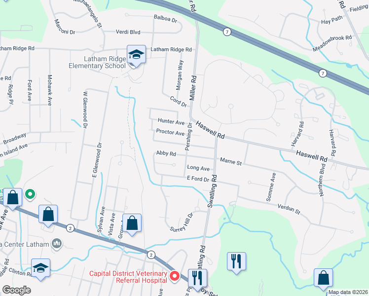 map of restaurants, bars, coffee shops, grocery stores, and more near 12 Pershing Drive in Latham