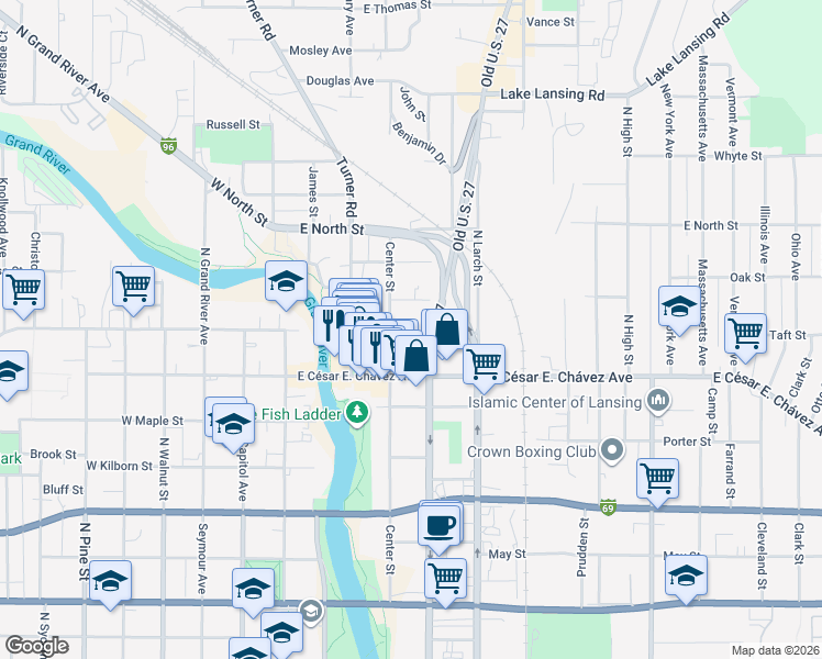 map of restaurants, bars, coffee shops, grocery stores, and more near 410 Liberty Street in Lansing