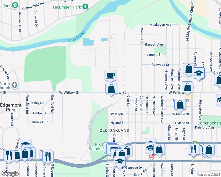 map of restaurants, bars, coffee shops, grocery stores, and more near 1310 Sunset Avenue in Lansing